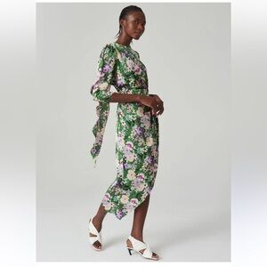 Shein MOTF Green Floral Floating Scarf Faux Wrap Dress Asymmetrical Hem